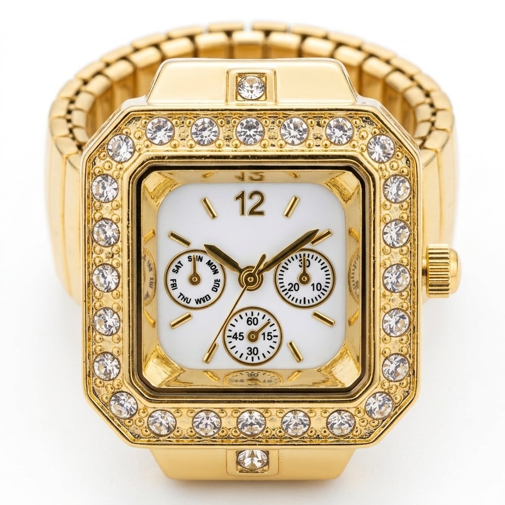 Handmade Stainless Steel 18K Gold Studded Ring Watch